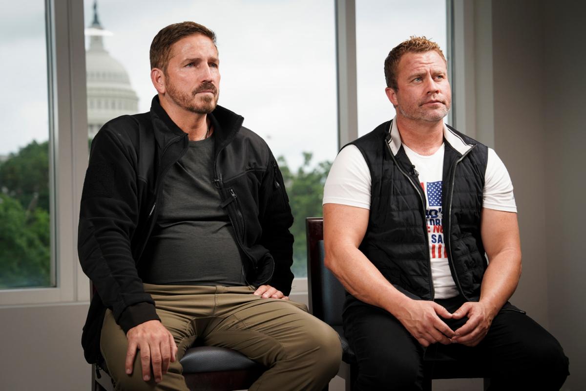Jim Caviezel (L), actor in the new human trafficking action film "Sound of Freedom,” and Tim Ballard, a former Department of Homeland Security special agent and founder of Operation Underground Railroad, speak during an interview in Washington on June 21, 2023. (Madalina Vasiliu/The Epoch Times)
