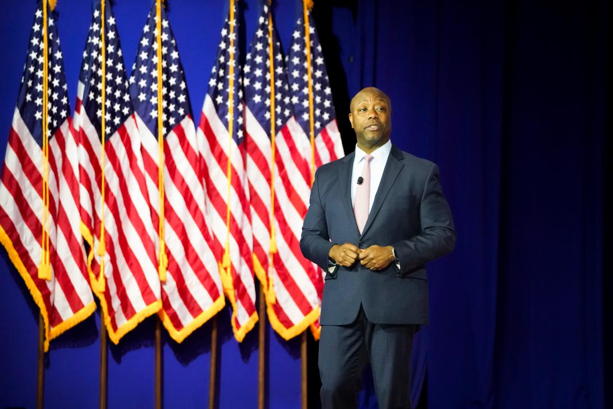 Republican presidential candidate Sen. Tim Scott (R-S.C.) speaks during the Faith and Freedom Road to Majority conference at Hilton in Washington on June 23, 2023. (Madalina Vasiliu/The Epoch Times)