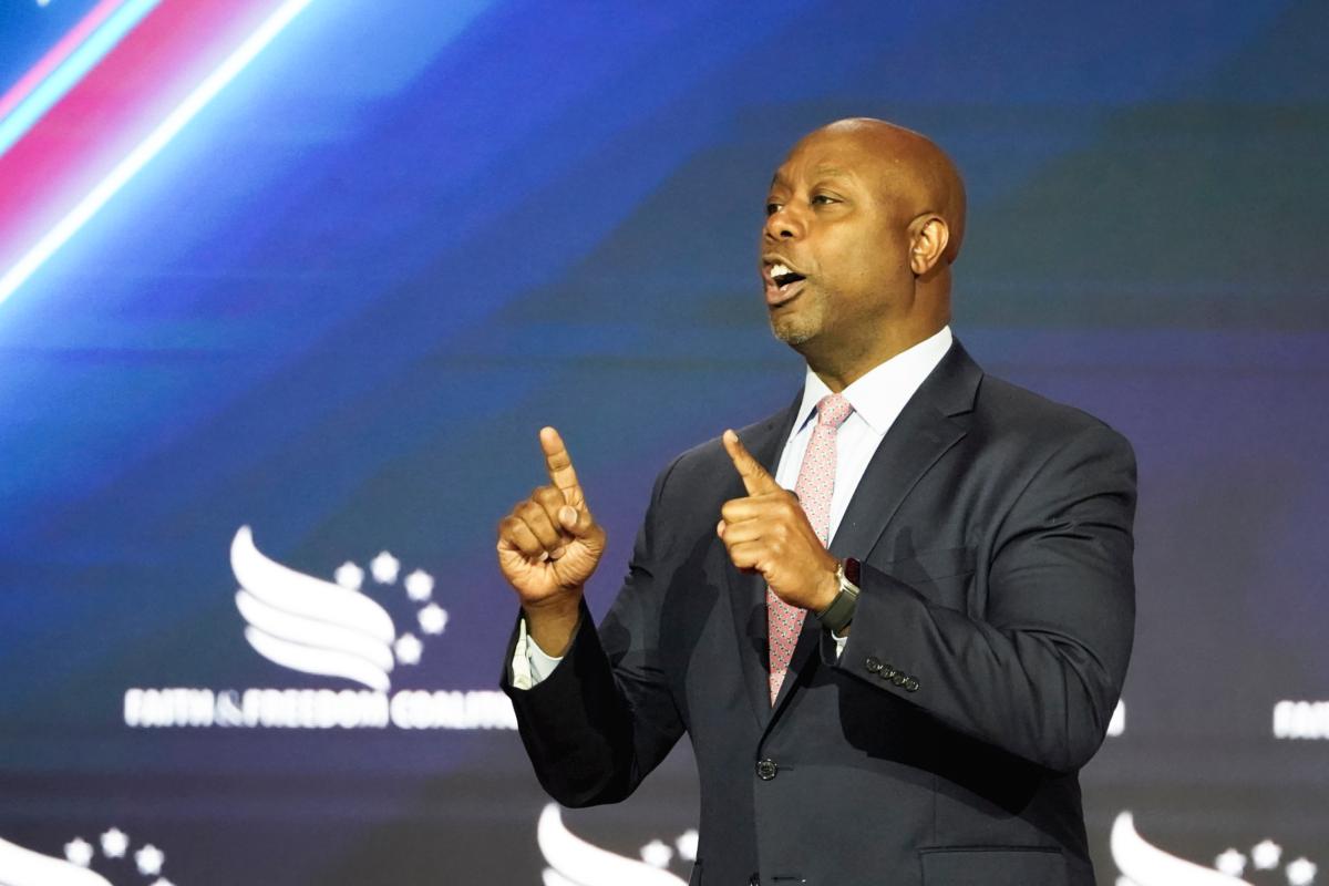 Republican presidential candidate Sen. Tim Scott (R-S.C.), who spoke at The Gathering in Atlanta on Aug. 18, 2023, is pictured here at the Faith and Freedom Road to Majority conference at Hilton in Washington, on June 23, 2023. (Madalina Vasiliu/The Epoch Times)