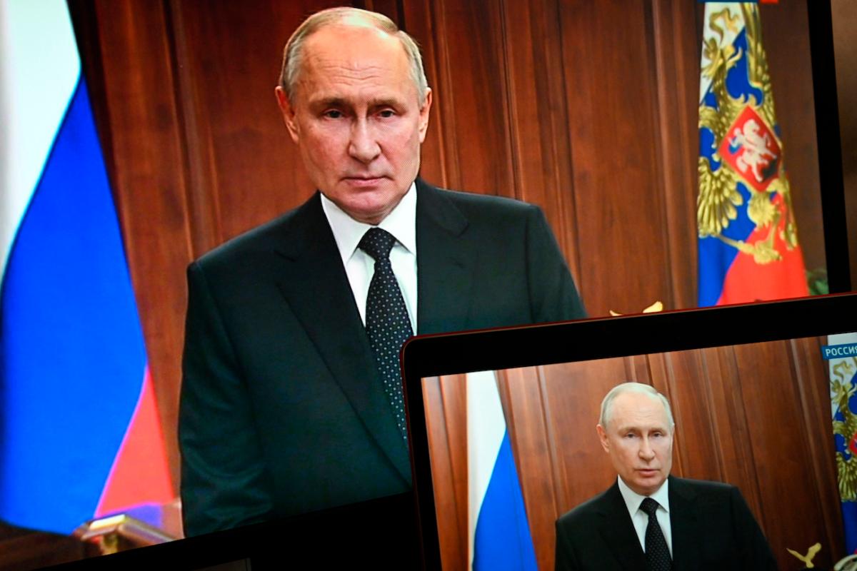 Russian President Vladimir Putin is seen on monitors as he addresses the nation after Yevgeny Prigozhin, the owner of the Wagner Group military company, called for armed rebellion and reached the southern city of Rostov-on-Don with his troops, in Moscow, Russia, on June 24, 2023. (Pavel Bednyakov, Sputnik, Kremlin Pool Photo via AP)