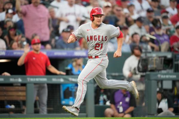Los Angeles Angels' Matt Thaiss rounds third base to score after a double by Hunter Renfroe in the third inning of a baseball game against the Colorado Rockies, in Denver on June 24, 2023. (David Zalubowski/AP Photo)