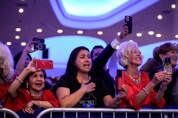 Supporters cheer as Republican presidential candidate former President Donald Trump arrives onstage to speak at the Faith and Freedom Road to Majority conference at the Washington Hilton in Washington, D.C., on June 24, 2023. (Drew Angerer/Getty Images)