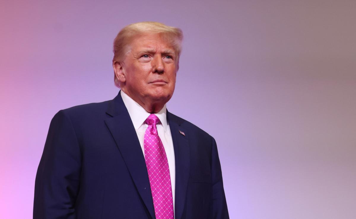 Former President Donald Trump is introduced at the Oakland County Republican Party's Lincoln Day dinner at Suburban Collection Showplace in Novi, Mich., on June 25, 2023. (Scott Olson/Getty Images)