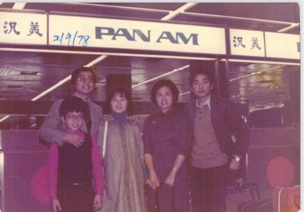 Bob (far right) and his wife bid farewell to friends and relatives at Kai Tak Airport as they immigrate to the United States in the late 1970s. (Courtesy of Bob Lau)