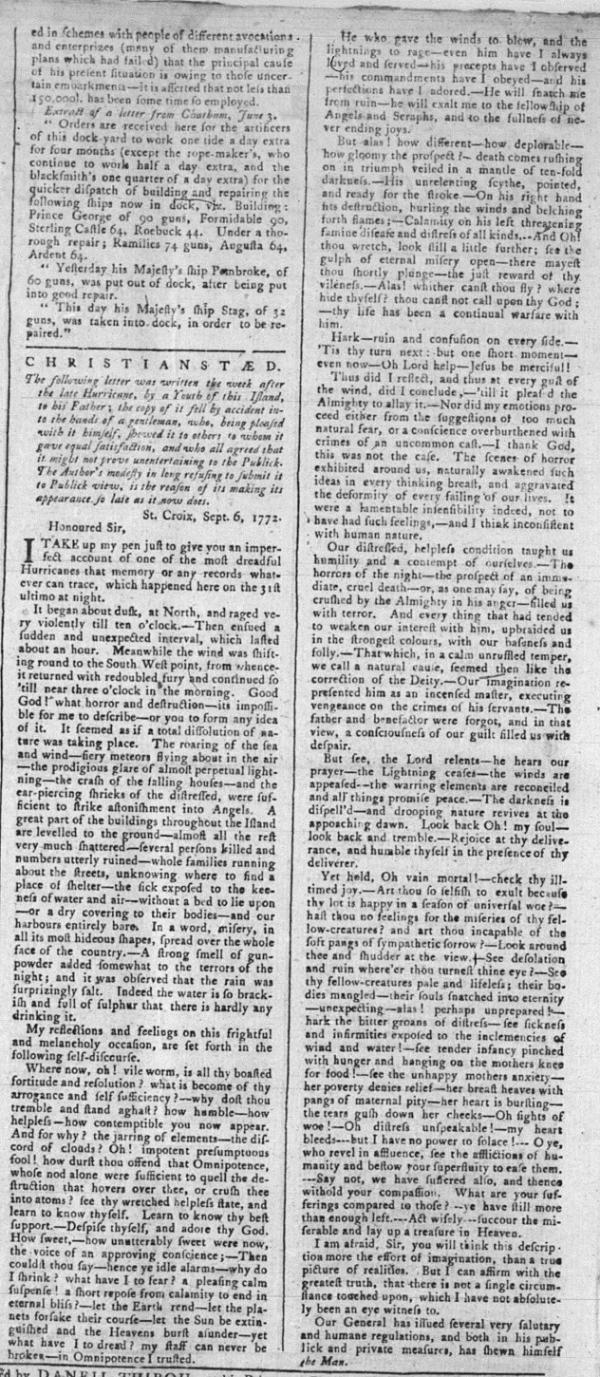 Alexander Hamilton’s hurricane letter, as published in the Royal Danish American Gazette on Oct. 3, 1772. Library of Congress. (Public Domain)
