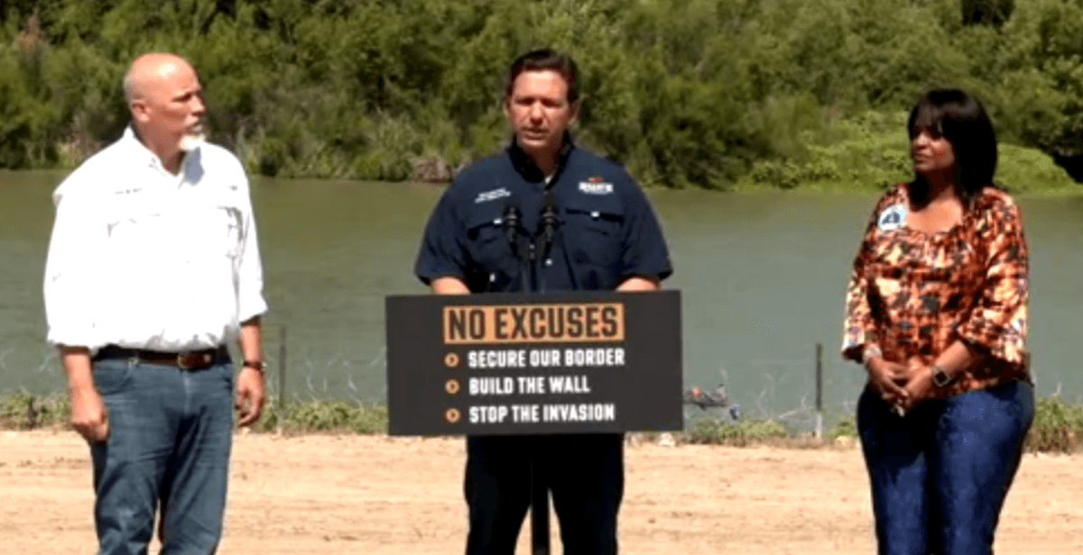 Florida Gov. Ron DeSantis (C) lays out his plan to secure the border in Eagle Pass, Texas, on June 26. Accompanying him are U.S. Rep. Chip Roy (R-Texas) (L) and Florida State Rep. Kiyan Michael, a Republican. (Courtesy of the Ron DeSantis campaign)