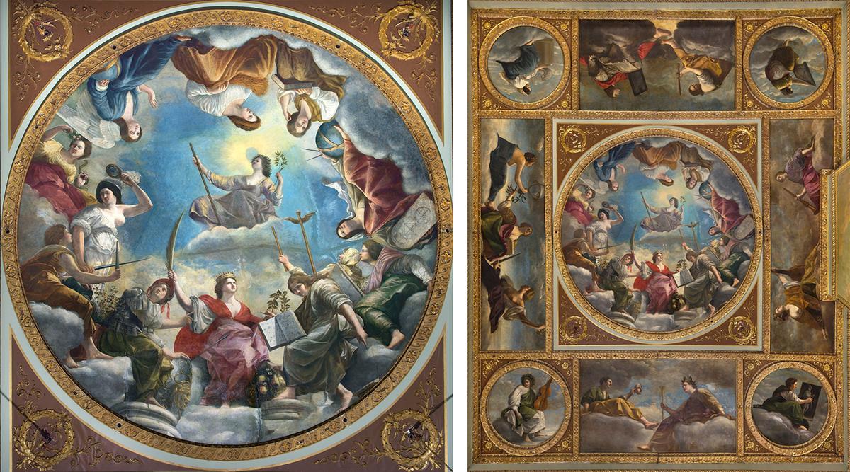 The central panel (L) of the ceiling mural "An Allegory of Peace and the Arts," flanked by eight other canvases (R), celebrates the peaceful reign of her husband, King Charles I, and England's flourishing arts. "An Allegory of Peace and the Arts," 1635–1638, by Orazio Gentileschi. Oil on canvas. Royal Collection, United Kingdom. (<a href="https://commons.wikimedia.org/wiki/File:Orazio_gentileschi_Allegorie_de_la_Paix_et_des_Arts_-_Greenwich-.png">Helvio ricina</a>/<a href="https://creativecommons.org/licenses/by-sa/4.0/deed.en">CC BY-SA 4.0</a>)