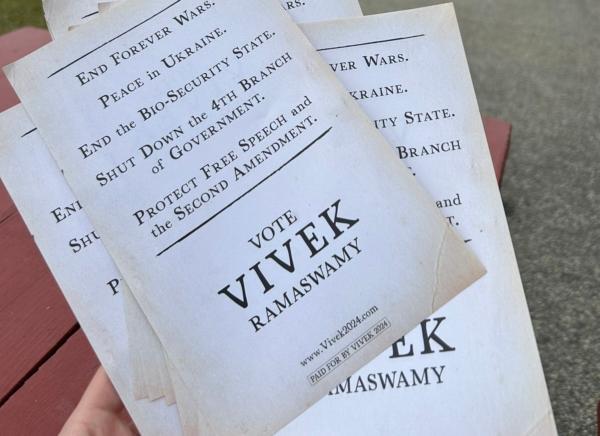 Campaign materials for GOP 2024 candidate Vivek Ramaswamy at the Free State Project's Porcupine Freedom Festival in Lancaster, N.H., on June 24, 2023. (Screenshot via The Epoch Times/Vivek Ramaswamy/Twitter)