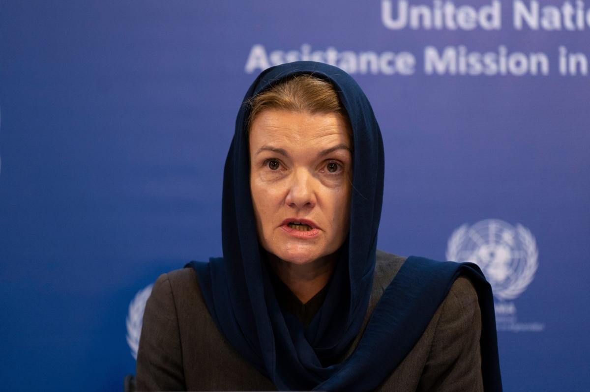 Fiona Frazer, chief of human rights at U.N. Assistance Mission in Afghanistan, speaks during a press conference in Kabul on July 20, 2022. (Wakil Kohsar/AFP via Getty Images)