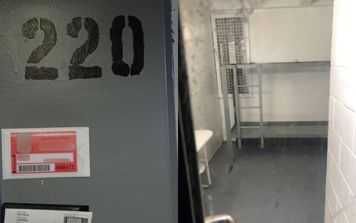 The door to the cell housing Jeffrey Epstein as seen in July 2019 (left) and the empty interior of the cell. (OCME via The Epoch Times)