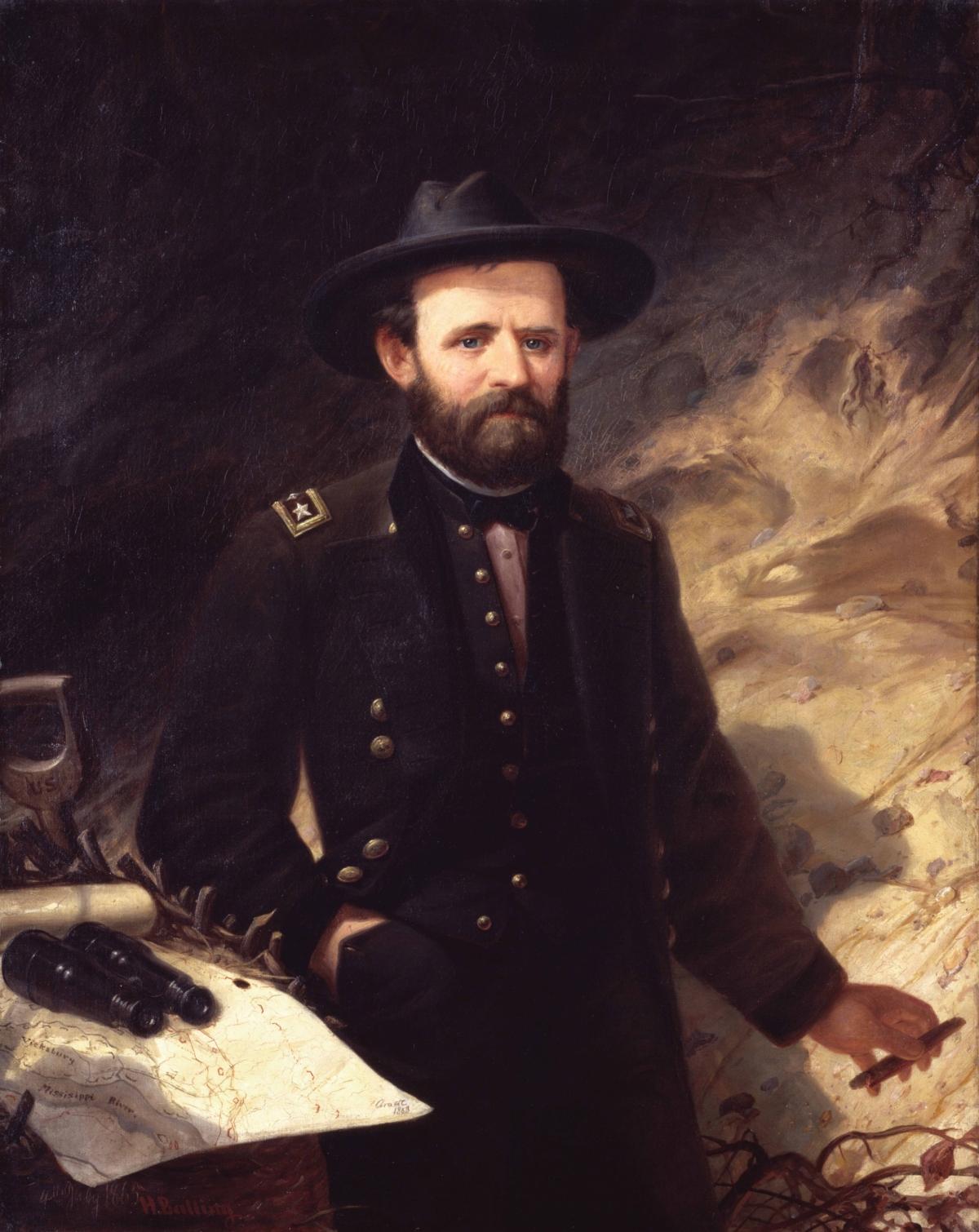 Portrait of Gen. Grant in a trench during the 1863 Siege of Vicksburg, Miss., by artist Ole Peter Hansen Balling, 1865. (Public Domain)