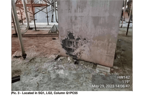 The photos show the concrete columns are honeycomb-like structures with some exposed reinforcements. (Courtesy of Jason Poon Chuk-Hung)