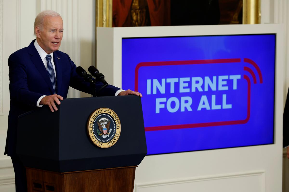 U.S. President Joe Biden speaks as he announces a $42 billion investment in high-speed internet infrastructure during an event in the East Room of the White House in Washington on June 26, 2023. (Chip Somodevilla/Getty Images)