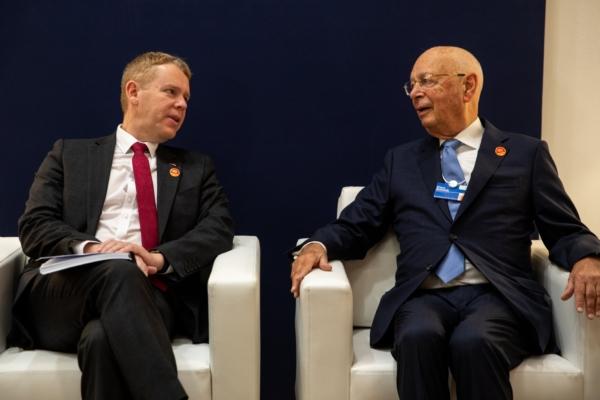New Zealand Prime Minister Chris Hipkins meets with Klaus Schwab at the World Economic Forum gathering in Tianjin, Tuesday, June 27, 2023 (AAP Image/Pool, Nate McKinnon)