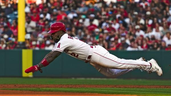 Los Angeles Angels' Luis Rengifo dives into second while attempting to steal during the second inning of a baseball game in Anaheim, Calif., on June 27, 2023. (Mark J. Terrill/AP Photo)