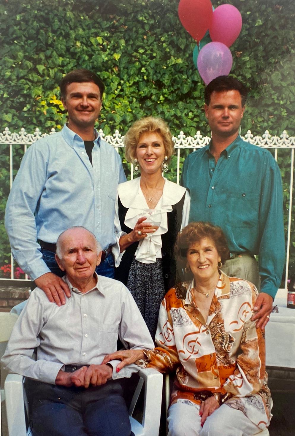 Nani is seated with her husband, Anthony. Standing from left to right are the writer’s husband, Joe; her sister-in-law Delores; and her brother-in-law Anthony Jr. (Courtesy of Karen Brazas)