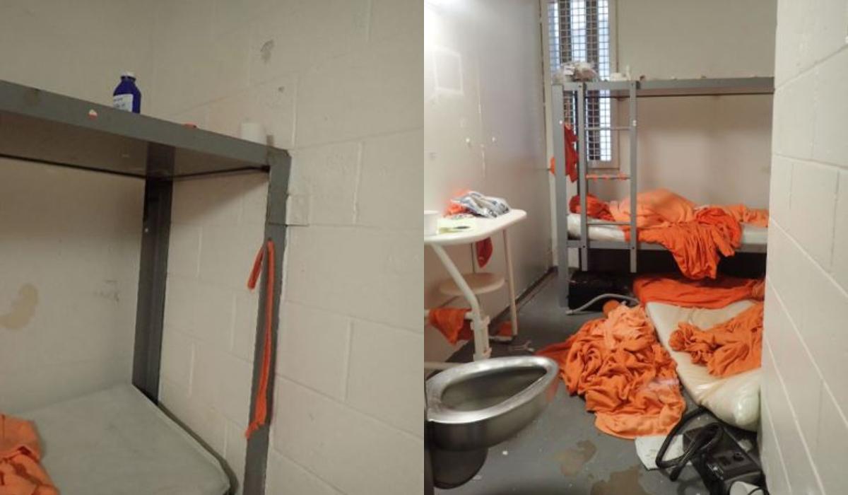 Photographs from after Jeffrey Epstein's death show a piece of cloth tied to the cell's bunkbed and the interior of the cell. Epstein lacked a cellmate despite being supposed to have one and had an excessive amount of cloth, investigators found. (Office of the Chief Medical Examiner, City of New York via The Epoch Times)
