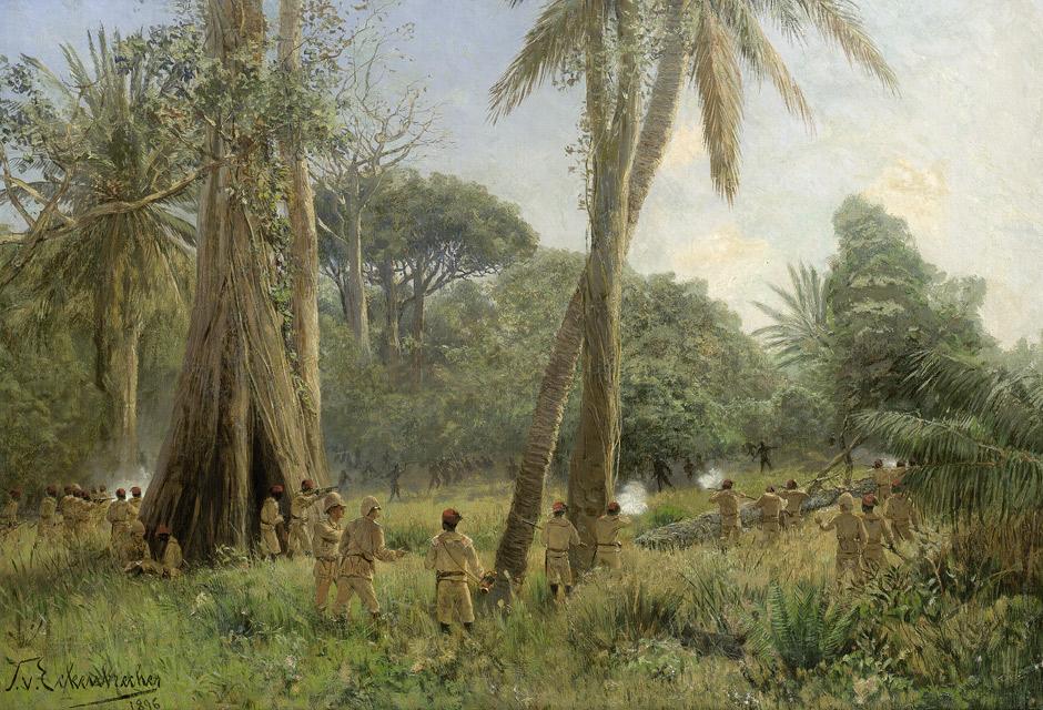 A painting of a tropical landscape in German East Africa with a firefight between the German colonial rulers, the Askari, and the local population, painted in 1896 by Karl Paul Themistokles von Eckenbrecher. Oil on board. (Public Domain)