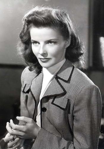 Cropped publicity still of Katharine Hepburn in the 1942 film "Woman of the Year." (Public Domain)