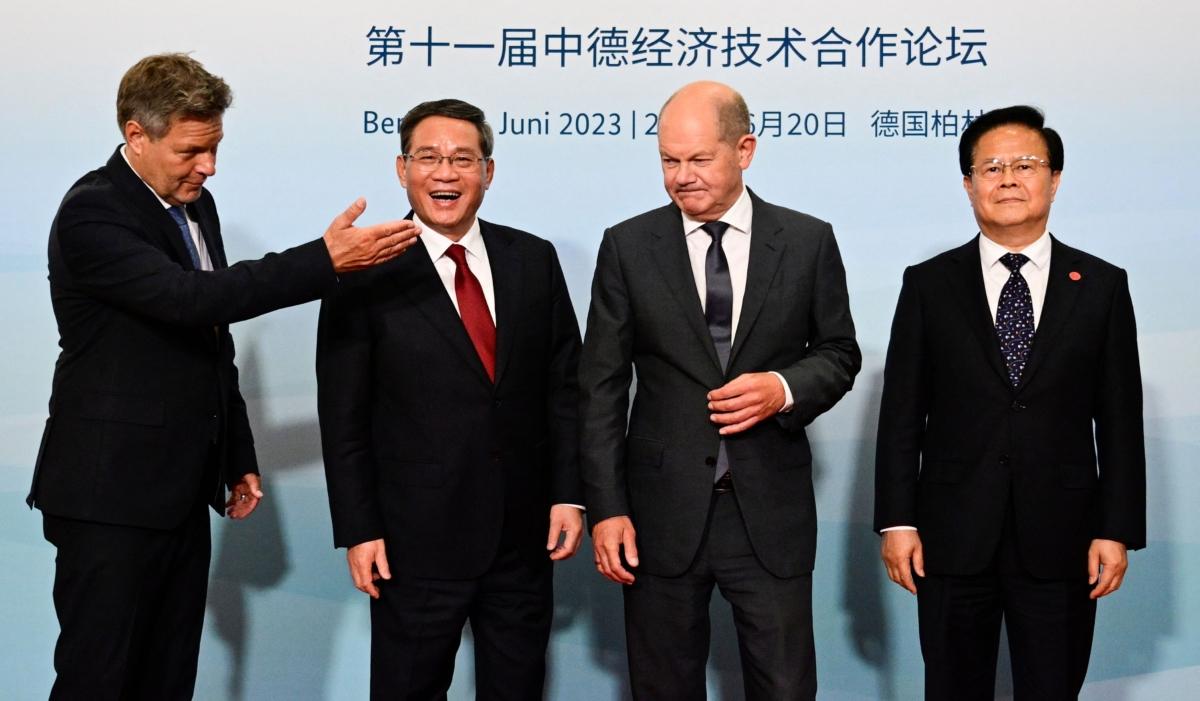 (L to R) German Minister of Economics and Climate Protection Robert Habeck, China's Premier Li Qiang, German Chancellor Olaf Scholz and Chairman of China's National Development and Reform Commission Zheng Shanjie pose ahead German-Chinese Forum for Economic and Technological Cooperation at the Economy Ministry in Berlin on June 20, 2023. (John MacDougall/AFP via Getty Images)