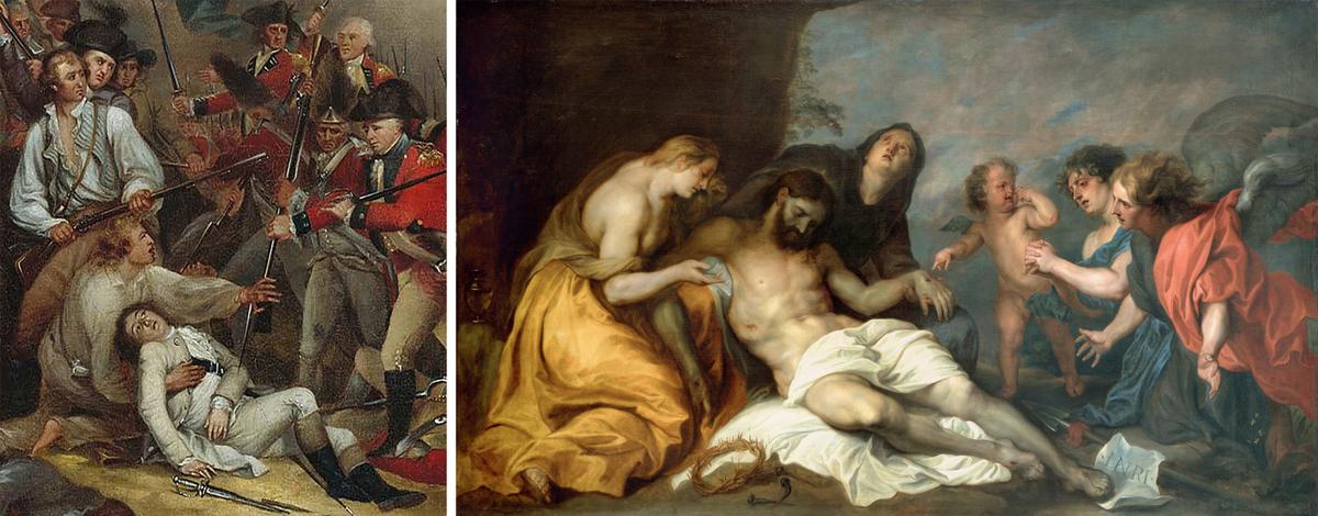 A detail of Warren dying in the arms of a militiaman referencing the iconography of the Lamentation. (R) "Lamentation over the Dead Christ," circa 1634–1640, by Anthony van Dyck. Oil on canvas; 61.4 inches by 100.7 inches. Bilbao Fine Arts Museum, Spain. (Public Domain)