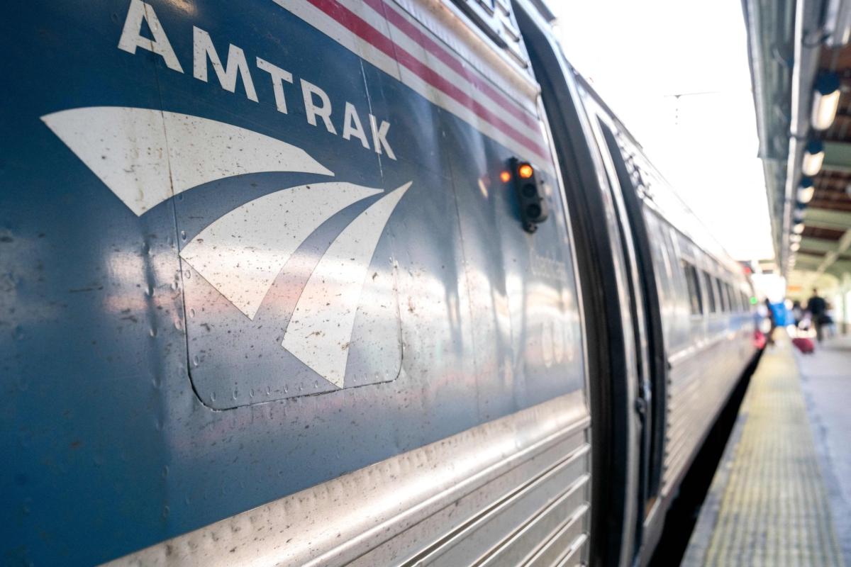 The Amtrak logo on a train at Union Station in Washington on April 22, 2022. (Stefani Reynolds/AFP via Getty Images)