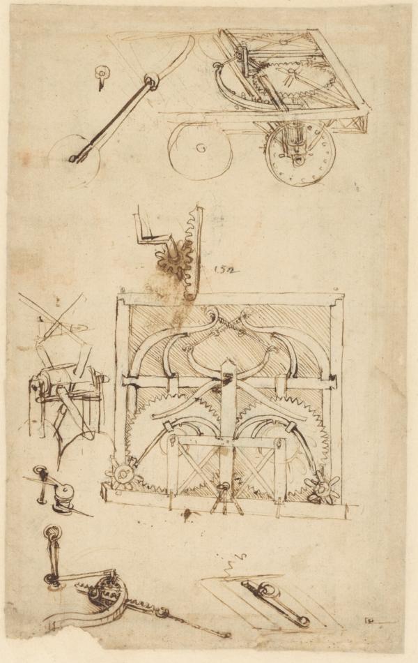 "Study of a Self-propelling Cart," circa 1478, by Leonardo da Vinci. Pen and ink on paper; approximately 10 5/8 inches by 6 5/8 inches. "Codex Atlanticus" f. 812r. (Mondadori Portfolio/Veneranda Biblioteca Ambrosiana)