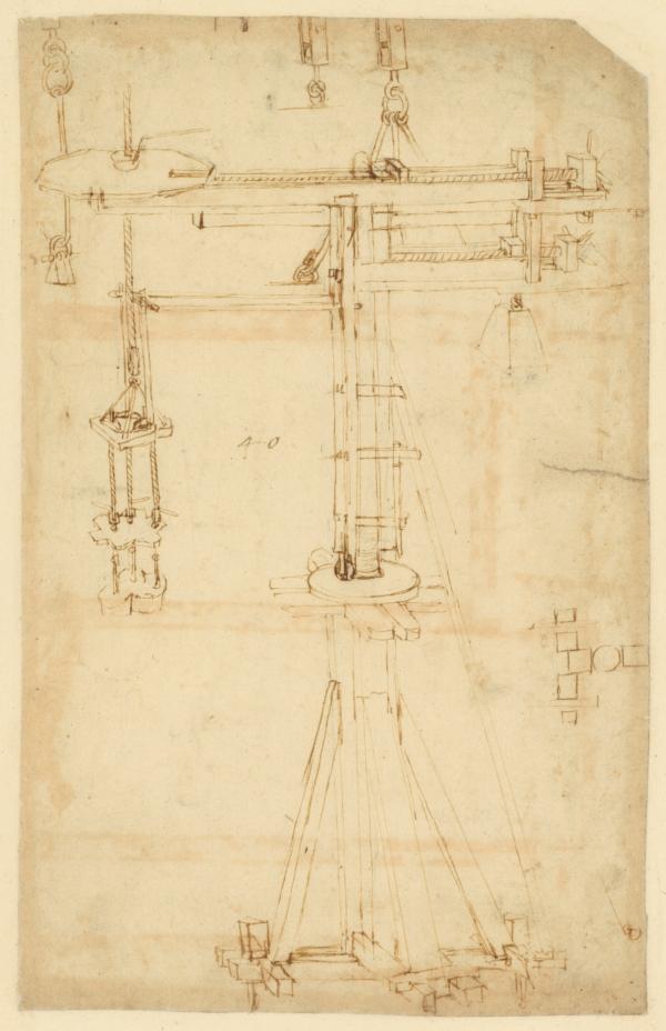 "Revolving Crane With Adjustable Counterweight," circa 1478–1480, by Leonardo da Vinci. Pen and ink on paper; approximately 12 3/8 inches by 7 7/8 inches. "Codex Atlanticus" f. 965r. (Mondadori Portfolio/Veneranda Biblioteca Ambrosiana)