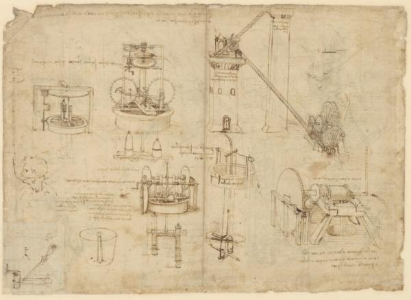 "Diving Apparatus and Water Pumping Devices," circa 1480–1482, by Leonardo da Vinci. Metal point marks, pen and ink on paper; approximately 11 1/4 inches by 15 5/8 inches. "Codex Atlanticus" f. 1069r. (Mondadori Portfolio/Veneranda Biblioteca Ambrosiana)