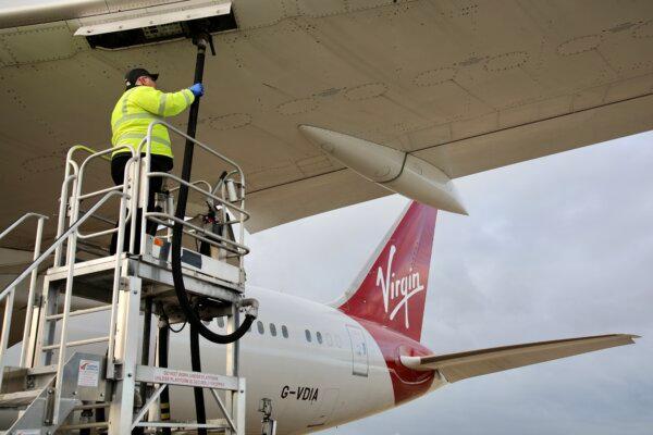 Virgin Atlantic flies the world’s first 100 percent sustainable aviation fuel flight from London's Heathrow Airport to John F. Kennedy International Airport in New York on Nov. 28, 2023.