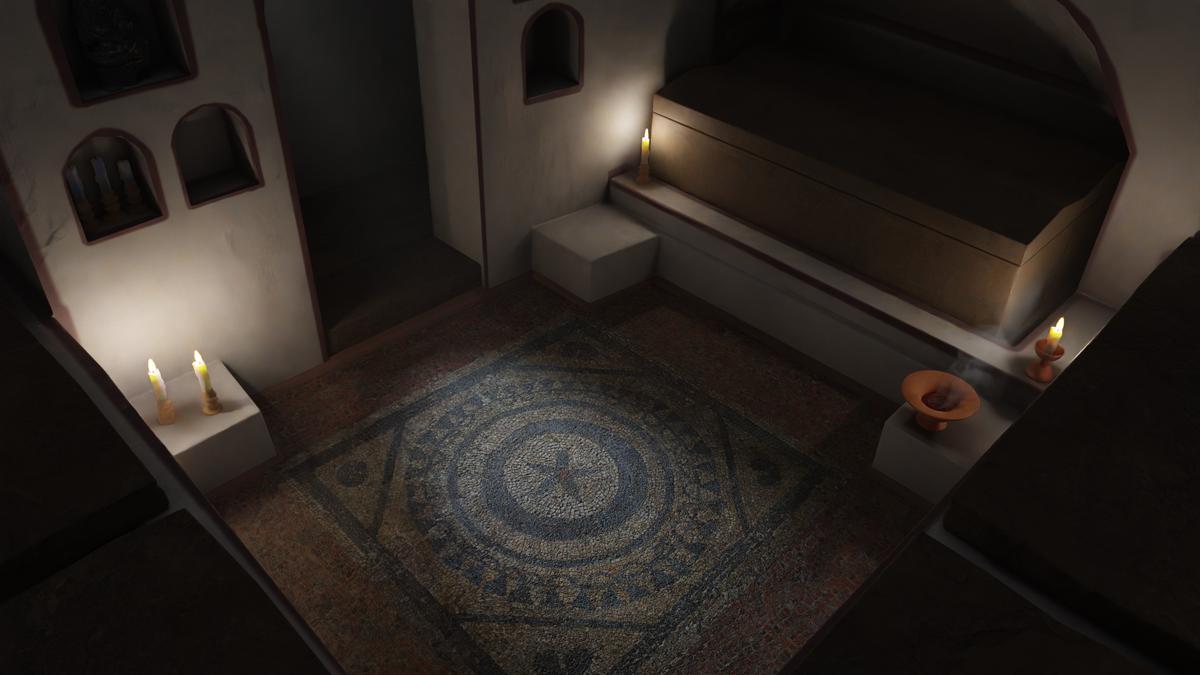 A digital reconstruction showing what the Roman mausoleum and mosaic might have looked like in their day. (© MOLA)