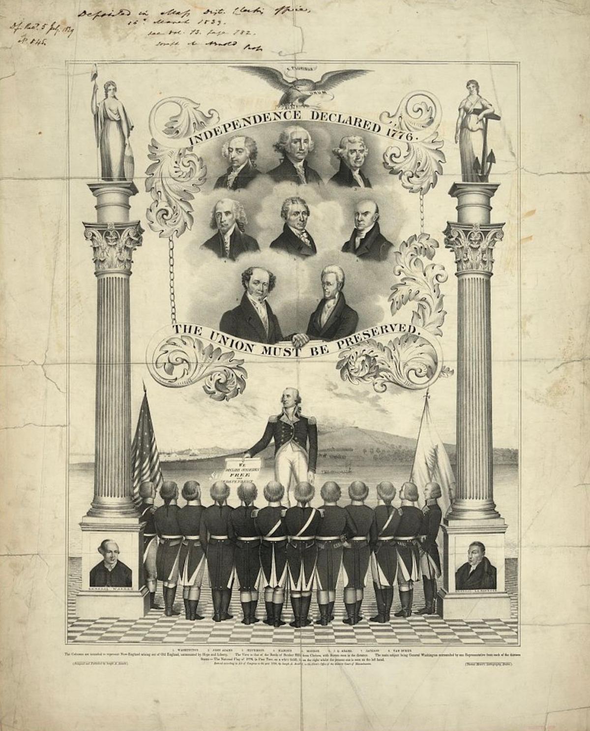 A memorial to the Declaration of Independence and the American Revolution. On the column bases are portraits of American Revolutionary War general Joseph Warren (left) and the Marquis de Lafayette. “Independence declared 1776,” designed by Joseph A. Arnold with lithograph by Thomas Moore, 1839. Library of Congress. (Public Domain)