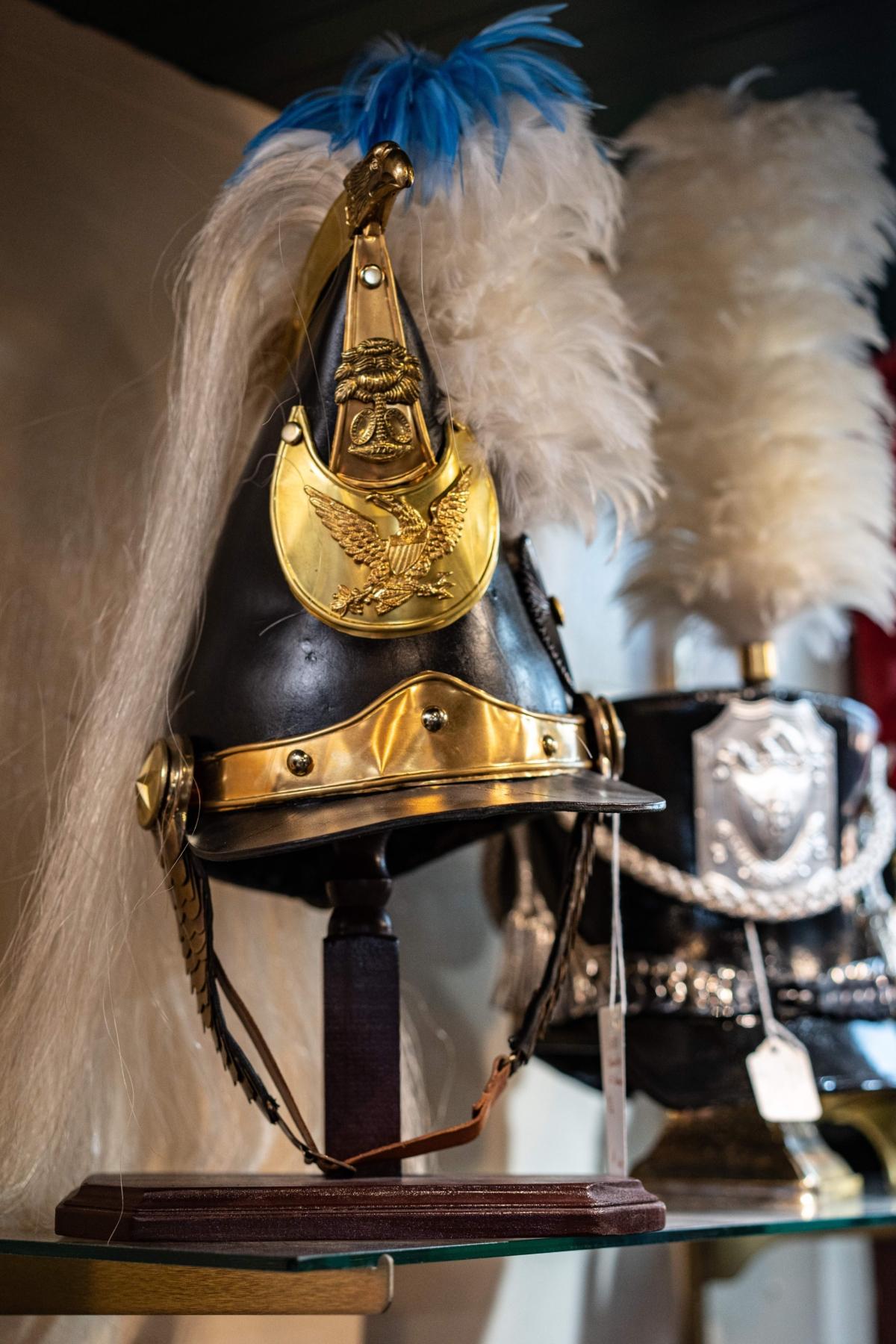Bill Wickham’s reproduction of a dragoon shako hat that would have been worn by Charleston, S.C., mounted militia, circa 1833. (Samira Bouaou/The Epoch Times)