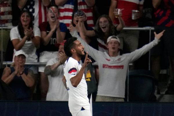 United States' Jesus Ferreira celebrates after scoring during the first half of a CONCACAF Gold Cup soccer match against St. Kitts & Nevis in St. Louis on June 28, 2023. (Jeff Roberson/AP Photo)