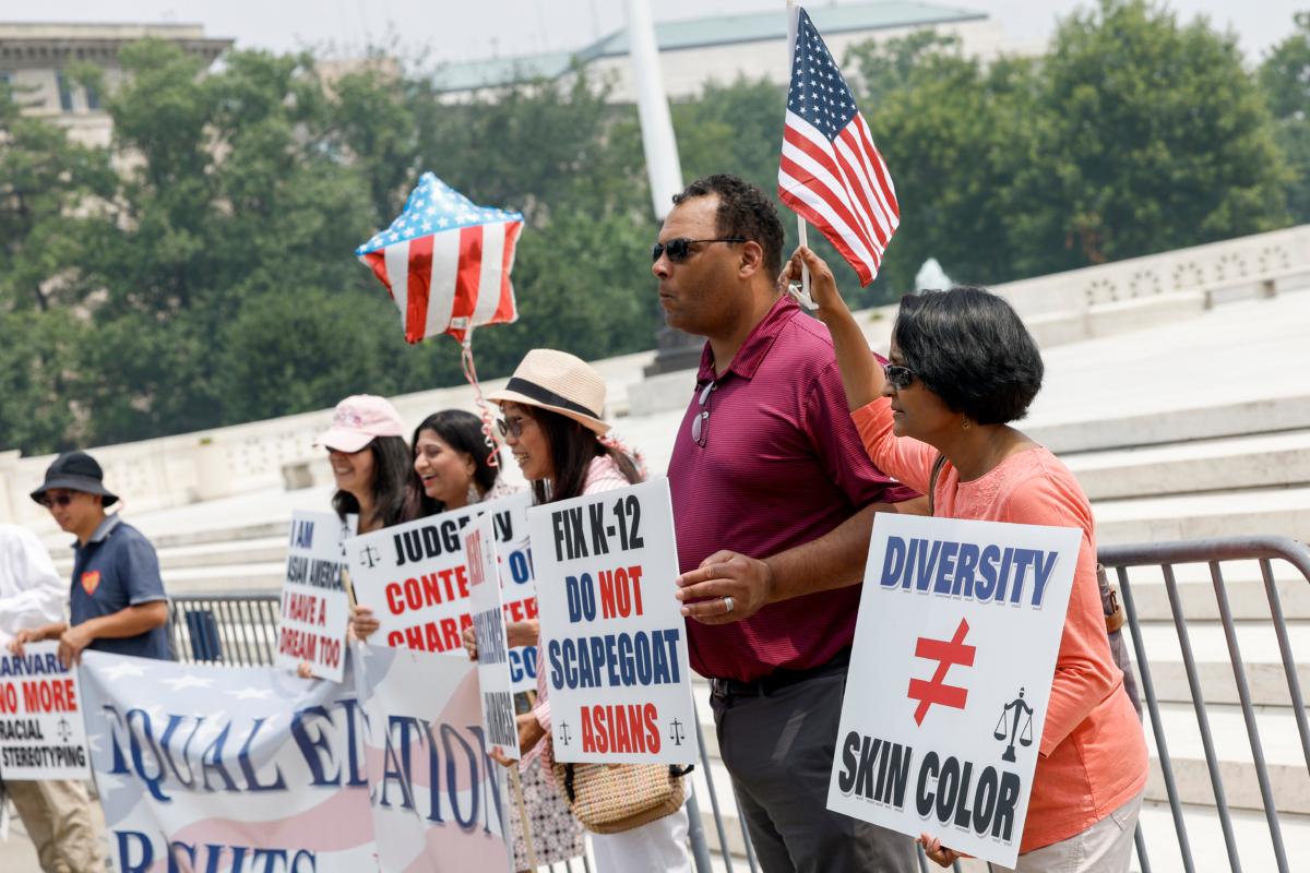 Anti-affirmative action activists with the Asian American Coalition for Education protest outside the U.S. Supreme Court building in Washington on June 29, 2023. (Anna Moneymaker/Getty Images)
