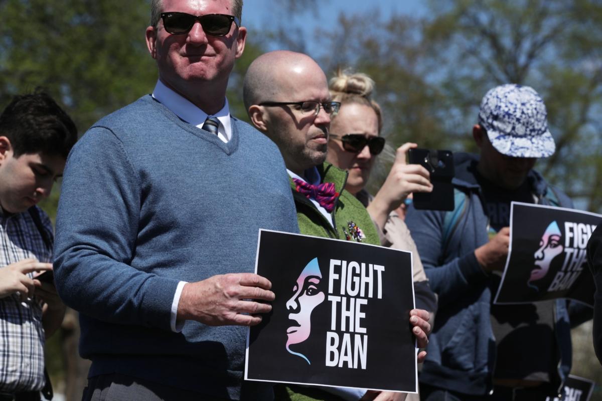 Transgender activists upset about a ban on transgender service members in the U.S. military participate in a rally at the U.S. Capitol in Washington on April 10, 2019. (Alex Wong/Getty Images)