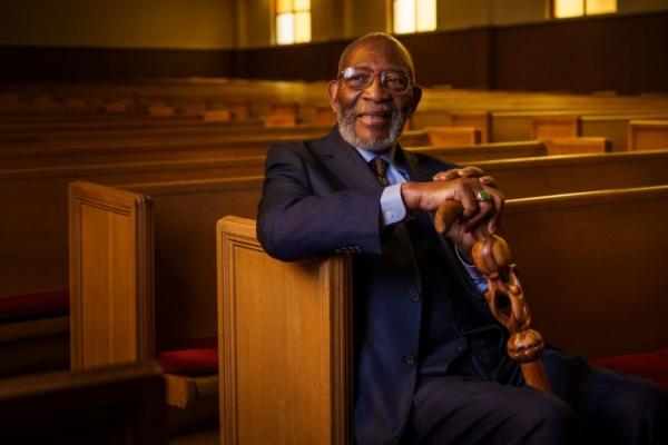 Reverend Amos Brown, the vice-chair of the reparations task force, president of the San Francisco Chapter of the NAACP, and longtime pastor of the Third Baptist Church sits for a portrait inside the sanctuary of the church, in San Francisco on June 27, 2023. (Philip Pacheco/AFP via Getty Images)