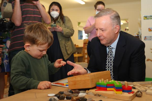 Australian PM Anthony Albanese visits a childcare centre in Perth, Australia, on May 16, 2022. (Lisa Maree Williams/Getty Images)