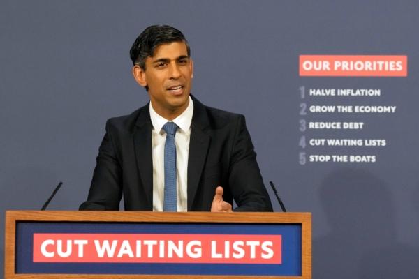 Prime Minister Rishi Sunak during a press conference on the new NHS Long Term Workforce Plan, in Downing Street, London, on June 30, 2023. (Frank Augstein/PA Media)