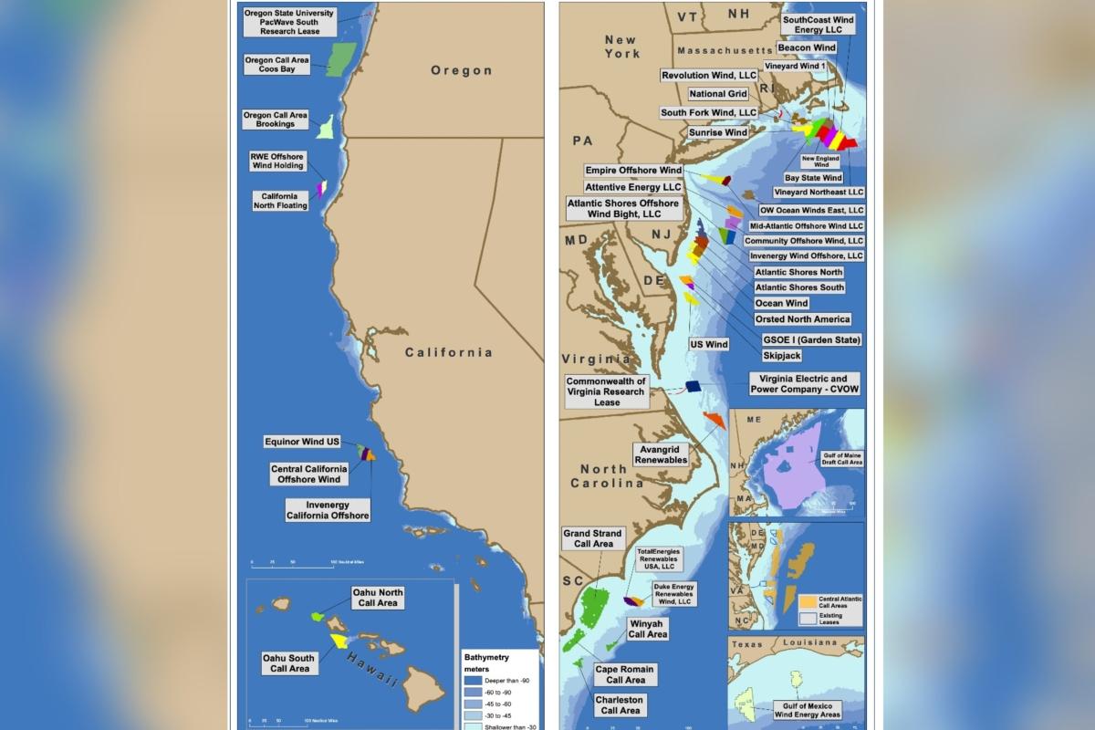 Wind development along the East and West coasts. (Courtesy of Bureau of Ocean Energy Management)