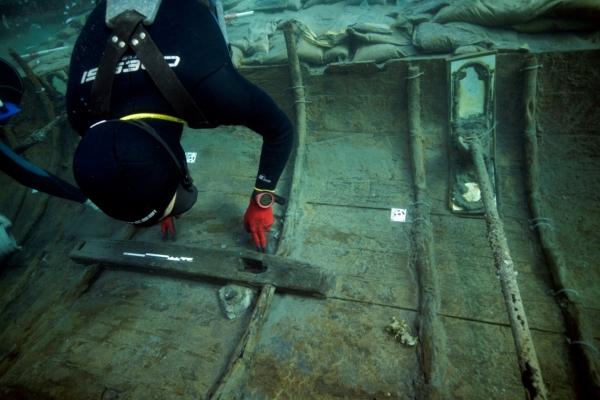 A diver from Valencia University maps and assesses the state of a 2,500-year-old Phoenician vessel that is submerged 60 meters from the beach of Mazarron in Spain on June 20, 2023. (Jose A Moya/Regional Government of Murcia/Handout via Reuters)
