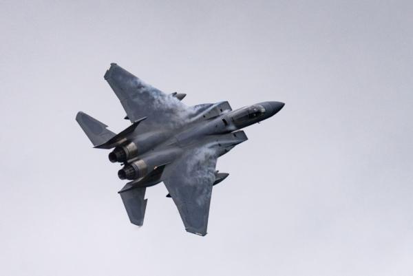 F-15 Eagle flies during the New York Air Show at Orange County Airport, N.Y., on June 24, 2023. (Petr Svab/The Epoch Times)