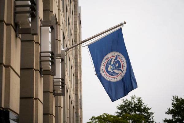 Department of Homeland Security flag at the U.S. Immigration and Customs Enforcement building in Washington on June 28, 2023. (Madalina Vasiliu/The Epoch Times)
