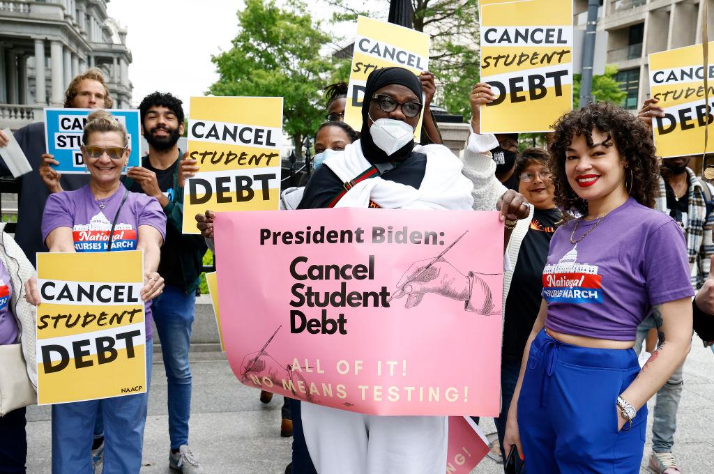 Student-loan borrowers gather near the White House in Washington to urge President Joe Biden to cancel student debt, on May 12, 2020. (Paul Morigi/Getty Images for We, The 45 Million)