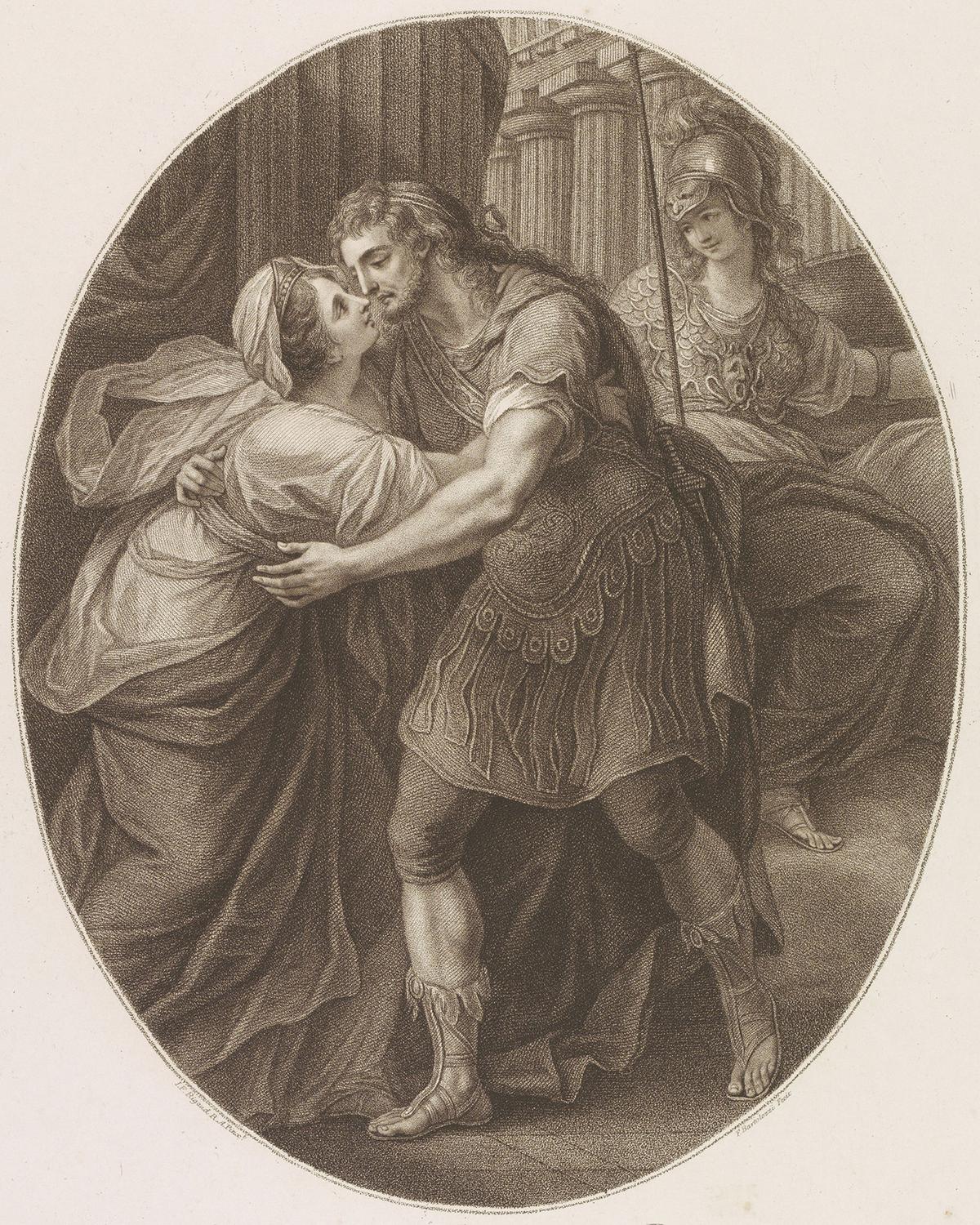 "The Meeting of Ulysses [Odysseus] and Penelope," 1788, by Francesco Bartolozzi, after John Francis Rigaud. Etching and dotted engraving on paper. Rijksmuseum, Amsterdam. (Public Domain)