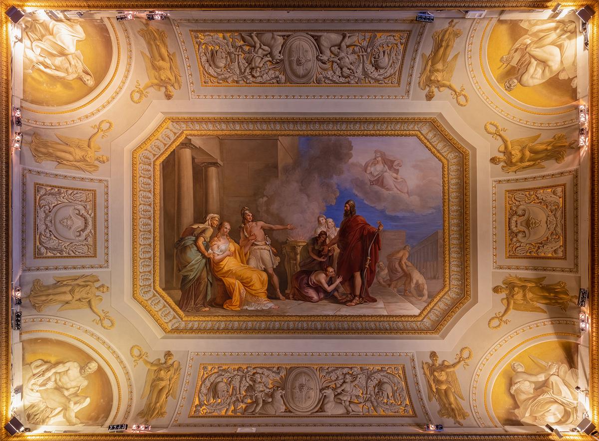Ceiling fresco of "Ulysses's [Odysseus's] Return to Ithaca" with a frieze decorated at the corners showing allegories of Fidelity, Fortitude, Hercules, and Apollo, circa 1814, by Gaspare Martellini for Ferdinand III. Pitti Palace, Florence, Italy. (<a href="https://commons.wikimedia.org/wiki/File:Palacio_Pitti,_Florencia,_Italia,_2022-09-18,_DD_157-159_HDR.jpg">Diego Delso</a>/<a href="https://creativecommons.org/licenses/by-sa/4.0/deed.en">CC BY-SA 4.0</a>)