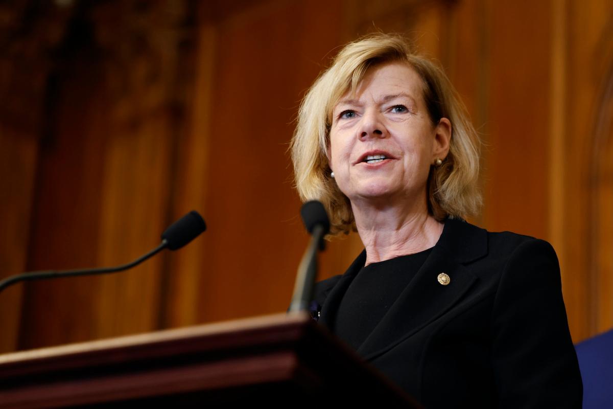 Sen. Tammy Baldwin (D-Wis.) speaks at the U.S. Capitol Building in Washington on Dec. 8, 2022. (Anna Moneymaker/Getty Images)