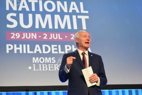 Asa Hutchinson, former governor of Arkansas and current Republican presidential candidate, speaks at the Moms for Liberty national summit in Philadelphia on July 1, 2023. (Beth Brelje/The Epoch Times)