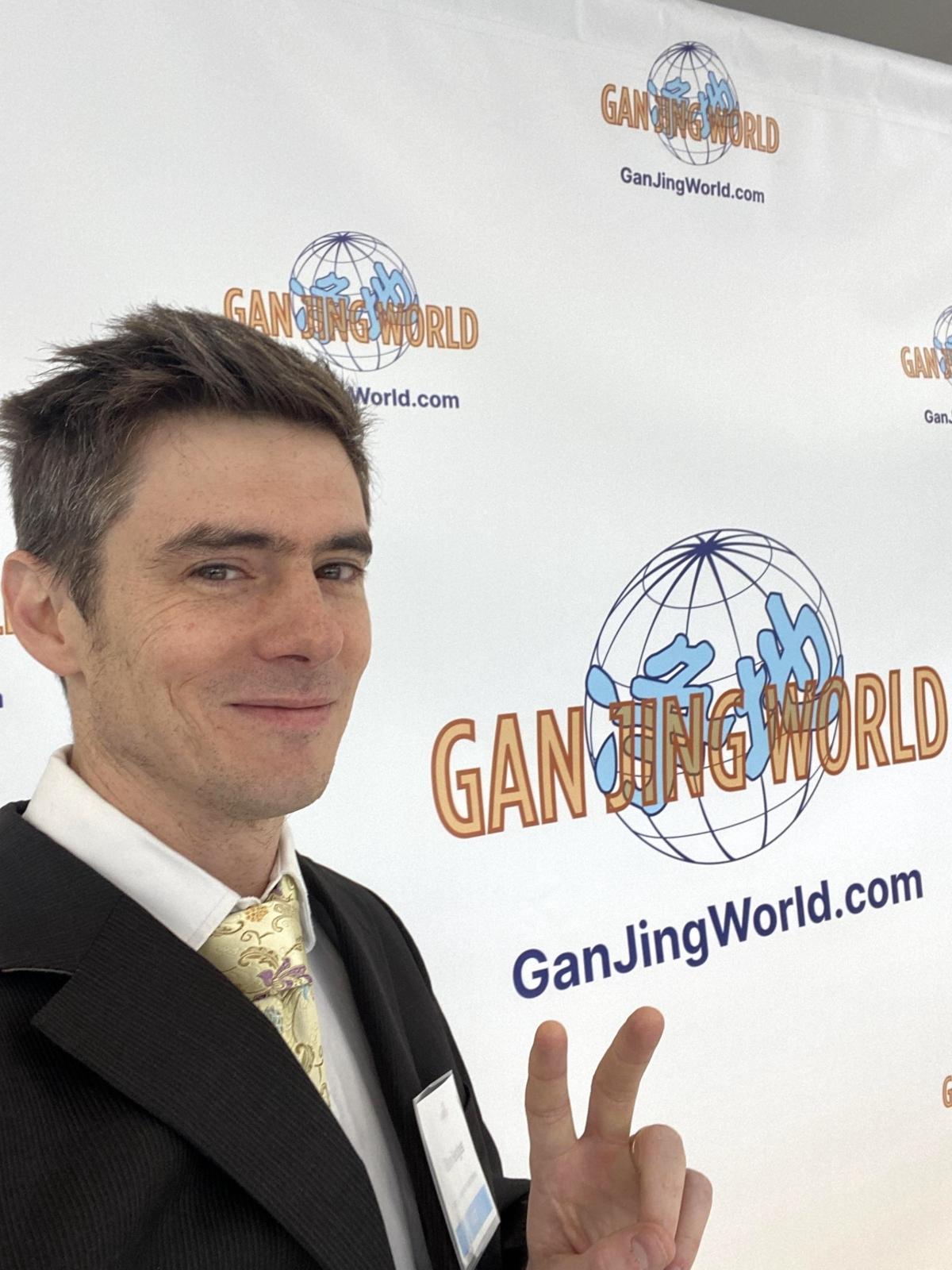 Ben Hedges, a social media influencer who reviews credit cards, at Gan Jing World's opening ceremony of its first headquarters building, dubbed "MT0" or "Middletown Zero," in Middletown, N.Y., on June 22, 2023. (Courtesy of Ben Hedges)