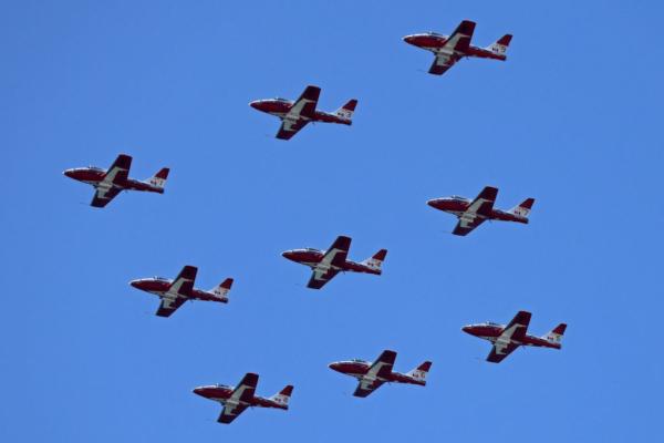 The Canadian Forces Snowbirds perform during the Pacific Airshow in Huntington Beach, Calif., on Oct. 1, 2021. (Michael Heiman/Getty Images)